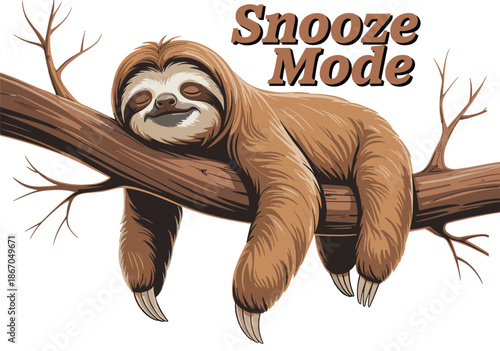 Adorable brown sloth sleeping peacefully on a tree branch with Snooze Mode text for relaxation and laziness concept vector illustration