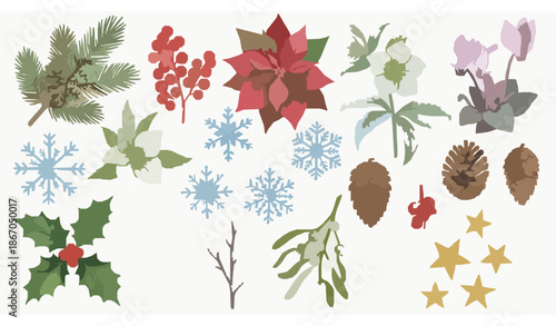 Watercolor winter and Christmas elements for blank cards with fir, berries, flowers, and snowflakes