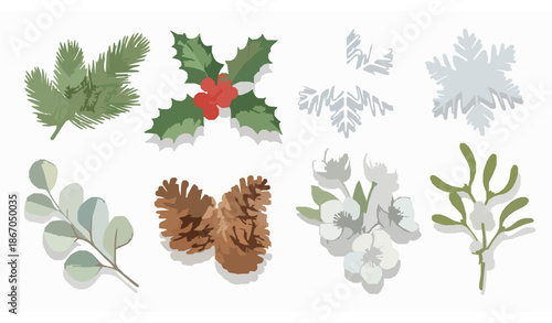 Christmas and New Year watercolor card elements with fir, berries, flowers, and snowflakes