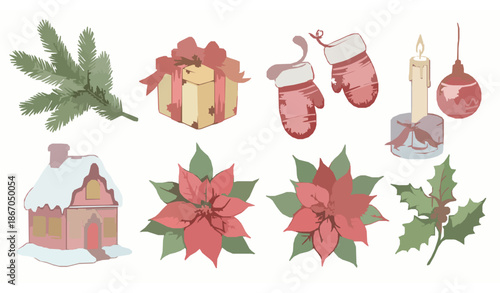 Christmas watercolor illustration set with fir branches, gifts, mittens, balls, house, flowers, and holly