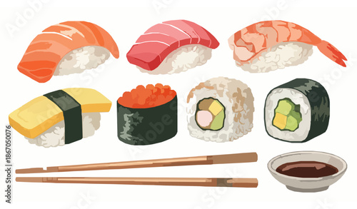 Watercolor sushi illustration set with nigiri, maki, rolls, roe, and chopsticks for Asian cuisine designs