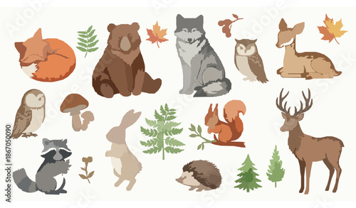 Forest animals and plants watercolor set with foxes, bears, wolves, rabbits, deer, and woodland flora