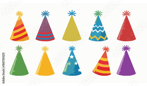 Colorful cartoon birthday party hat vector set with fun cone caps for anniversary and celebration