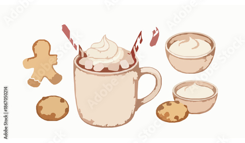 Watercolor warm drink illustration set with hot cocoa, marshmallows, candy cane, and cookies