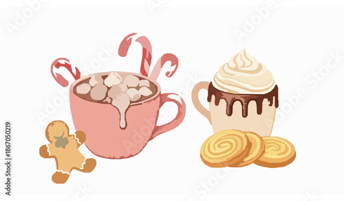 Cozy watercolor hot cocoa and winter sweets set with marshmallows, candy cane, and gingerbread
