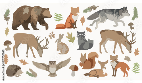 Wild forest animals and plants watercolor illustration collection with bears, foxes, deer, wolves, rabbits, and woodland elements