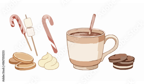 Watercolor winter drink and dessert set with hot chocolate, marshmallows, candy cane, and cookies