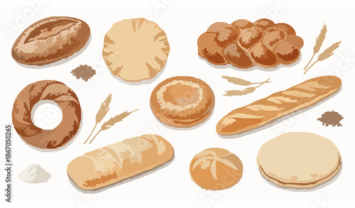 Hand-drawn watercolor bread collection with rye, pitta, challah, bagel, simit, baguette, sourdough, and ciabatta