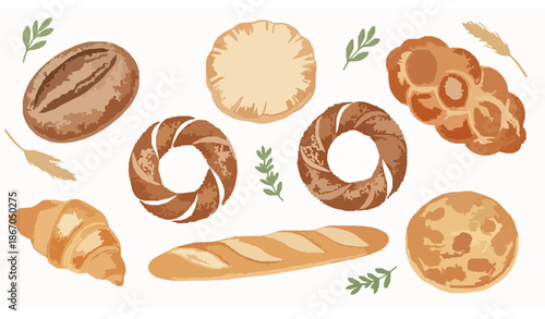 Watercolor bread illustration set with rye, pitta, challah, bagel, simit, baguette, croissant, and focaccia