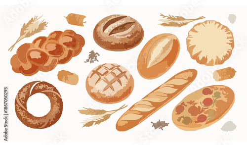 Artisan bread watercolor set with challah, rye, pitta, bagel, simit, baguette, and focaccia with wheat accents