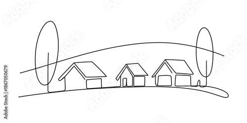 Minimalist continuous line art drawing of three houses and trees on a hill Vector, illustration
