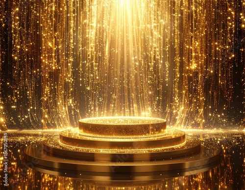A dazzling golden stage with sparkling curtains, and a spotlight illuminating the elevated platform