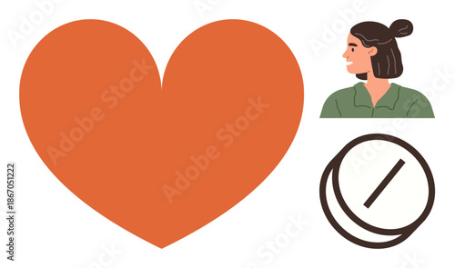 Love, emotions, relationships, boundaries, human connection, rejection. Large red heart, womans side profile and a circular prohibition symbol. Love and boundaries theme