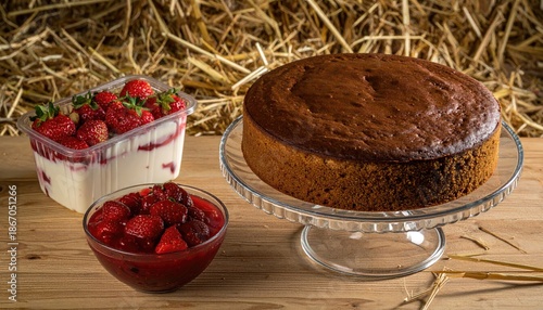 A delectable spread of cake, strawberries in sauce, and a container of berries with cream