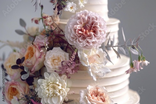 Delicious white wedding cake decorated with pink and white flowers