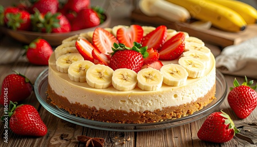 A delicious dessert features cheesecake topped with bananas and strawberries, on a rustic wood table