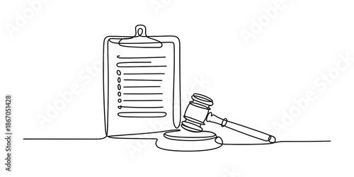 Continuous line art drawing of a clipboard with a checklist and a judge's gavel, symbolizing legal process and justice Vector, illustration