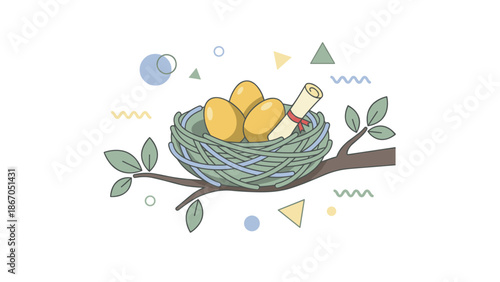 Three Golden Eggs and a Scroll in a Birds Nest on a Tree Branch.