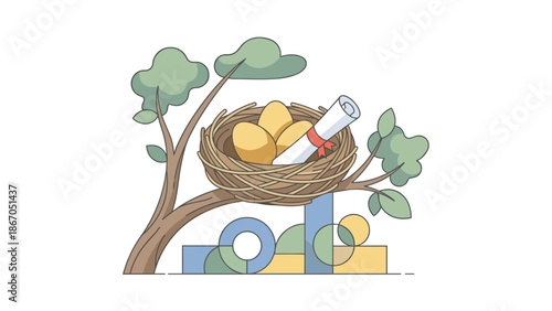 Nest with Golden Eggs and Important Document Representing Financial Security and Future Planning.