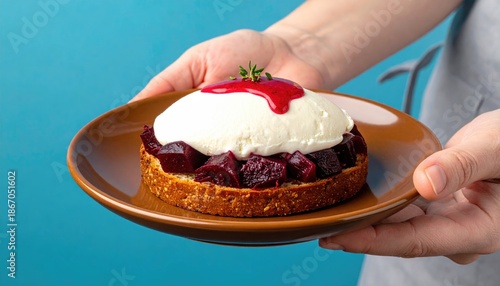 A dessert plate held by hands, topped with cream, sauce, beets and a sprig of herb