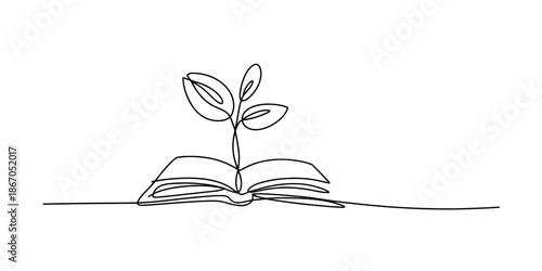 Continuous line art of a small plant growing from an open book, symbolizing knowledge and growth Vector, illustration
