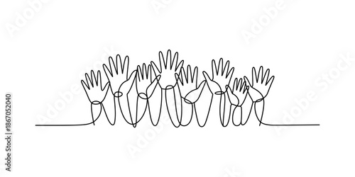 Continuous line drawing of a group of hands raised in a collective gesture Vector, illustration