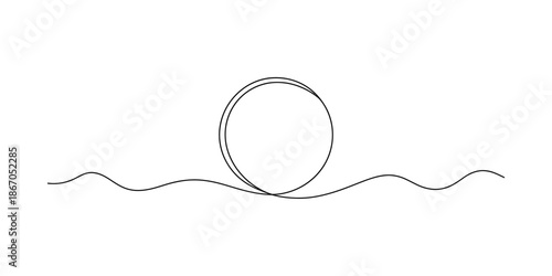 Continuous line drawing of a circle on a wavy line representing a simple landscape Vector, illustration