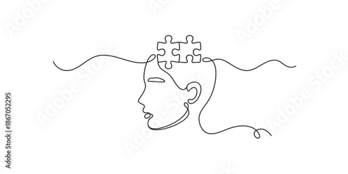 Continuous line art of a human head with puzzle piece symbolising problem solving Vector, illustration