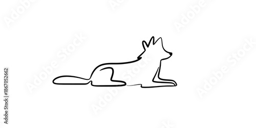 A minimalist continuous line art illustration of a quiet dog or fox lying down peacefully Vector, illustration