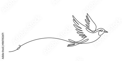 A continuous line art drawing of a small bird in flight on a white background Vector, illustration