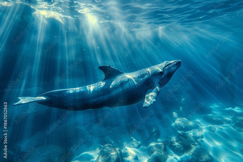 Obraz premium Majestic humpback whale glides through the ocean depths, illuminated by beams of sunlight