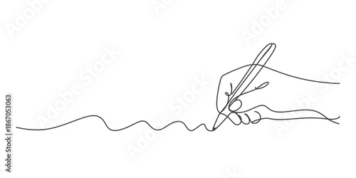 Continuous line drawing captures the act of a hand holding a pen to write a signature or creative line Vector, illustration