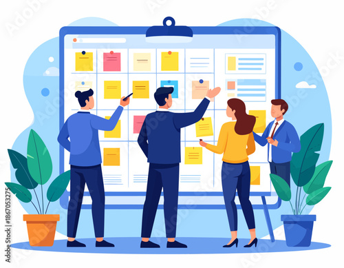A business team collaborates around a large kanban board, organizing tasks with colorful sticky notes. This illustrates strategic planning, agile project management, and effective teamwork.