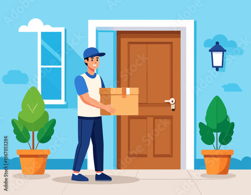 A smiling courier in a uniform stands at a residential front door, holding a package for delivery. The scene represents efficient shipping services, e-commerce convenience, and reliable doorstep.