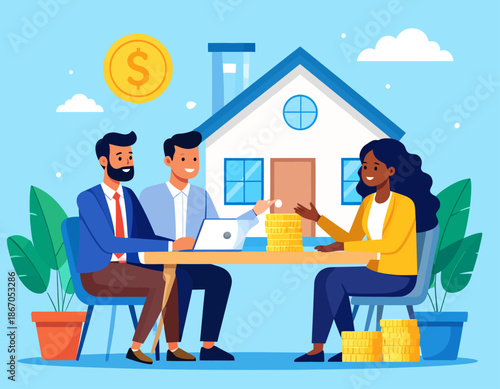 A diverse group discusses a home purchase with a real estate agent. With a house model and coins on the table, it depicts getting a mortgage, property investment, and financial planning for a new home