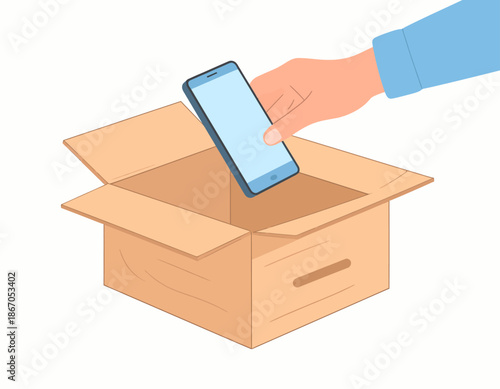 A hand putting a blue smartphone into an open brown cardboard box on a white background.
