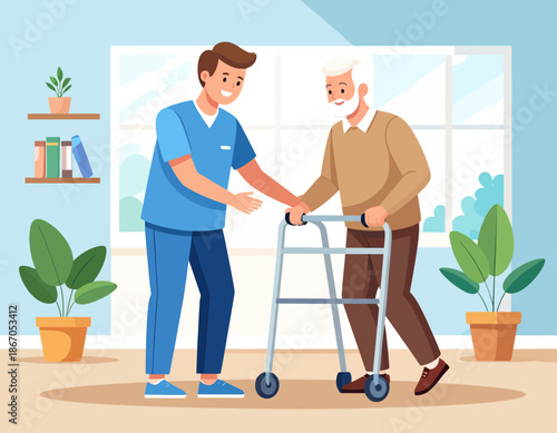 Male caregiver assisting an elderly man with a walker indoors, providing support and care.
