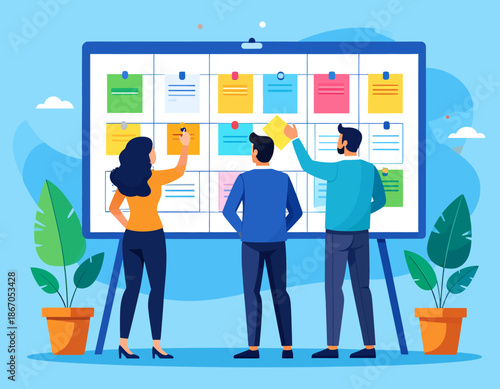 A diverse team collaborates on a project, using a scrum or kanban board to organize tasks with colorful sticky notes. This illustrates teamwork, agile methodology, strategic planning.