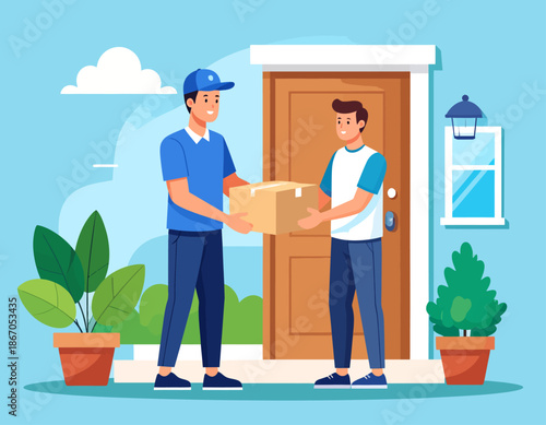 A delivery man in a blue uniform hands a package to a customer at their home's front door.