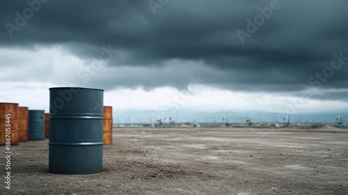 A solitary blue barrel stands on a barren landscape under a dramatic sky filled with dark clouds, evoking themes of isolation and industrial remnants in a desolate environment.