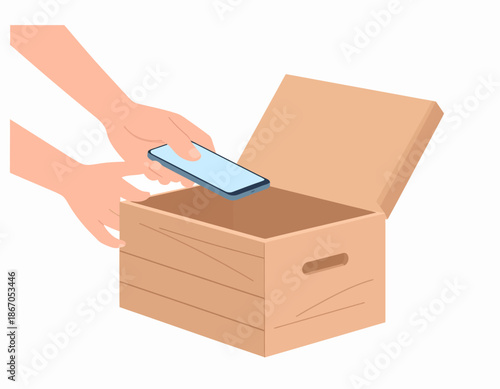 Hands carefully place a smartphone into a simple wooden box. This can symbolize a digital detox, the need to disconnect, decluttering, or securely storing away personal technology for better focus.