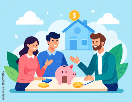 A couple discusses financial planning and home ownership with a male advisor, featuring a piggy bank and coins on a table.