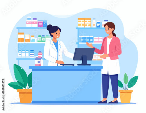 A friendly female pharmacist assists a customer at the counter of a modern pharmacy with shelves of medication in the background.