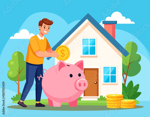 Man saving money in a piggy bank for a house, illustrating home ownership and financial planning.