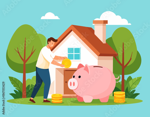 Man saving money in a large piggy bank with a house and trees in the background, symbolizing home investment and financial planning.