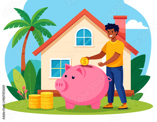A smiling man saving money in a large pink piggy bank with a house and palm tree in the background, symbolizing financial planning and home ownership.