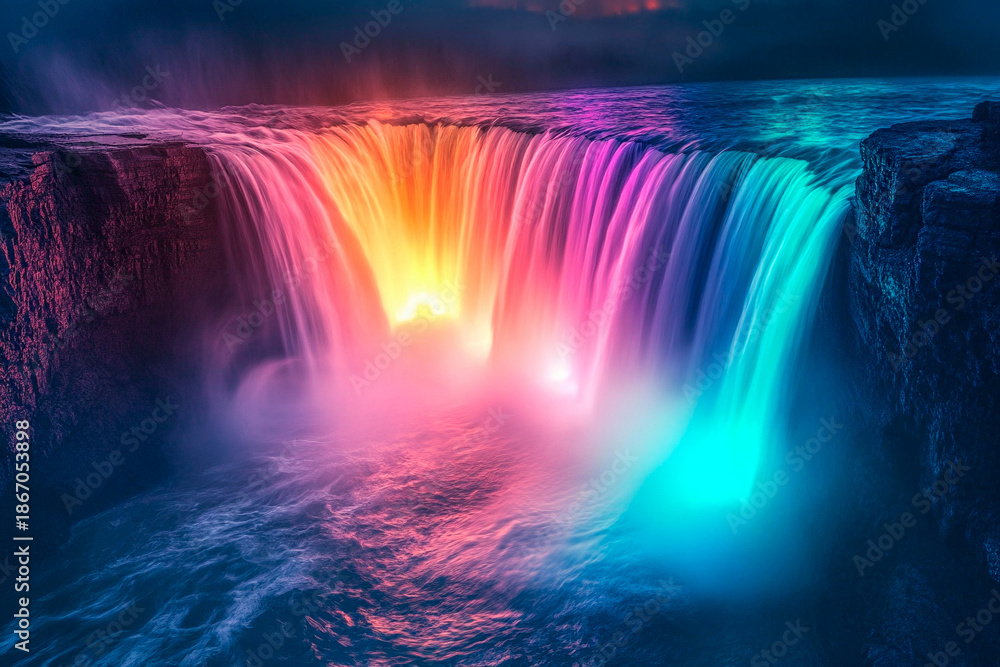 Fototapeta premium Colorful waterfall with vibrant lighting in a serene natural setting