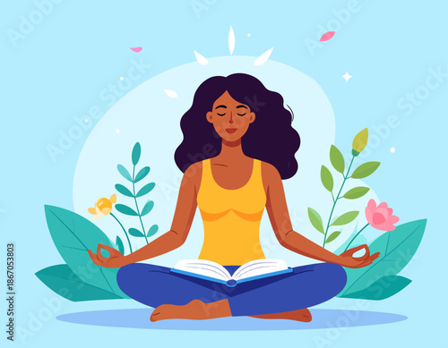 A woman meditating in a lotus position with an open book, surrounded by plants, symbolizing peace and learning.
