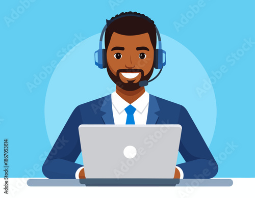 Smiling African American man in a headset working on a laptop, representing customer support or a call center agent.