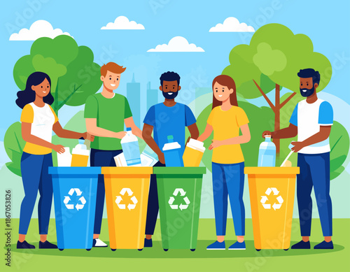 A diverse group of people actively participating in waste sorting and recycling, demonstrating environmental responsibility and community effort.